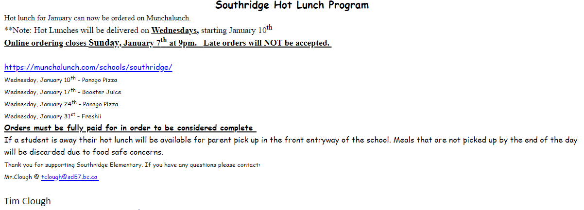 Hot lunch information